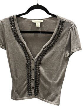 White House Black Market Gray Embellished V-Neck Button Cardigan